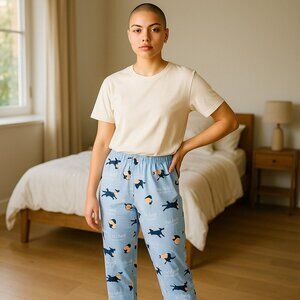 NWT DOG IS GOOD SZ L/XL No Bed Too Small Print Pajama Pants Blue/Beige Cotton